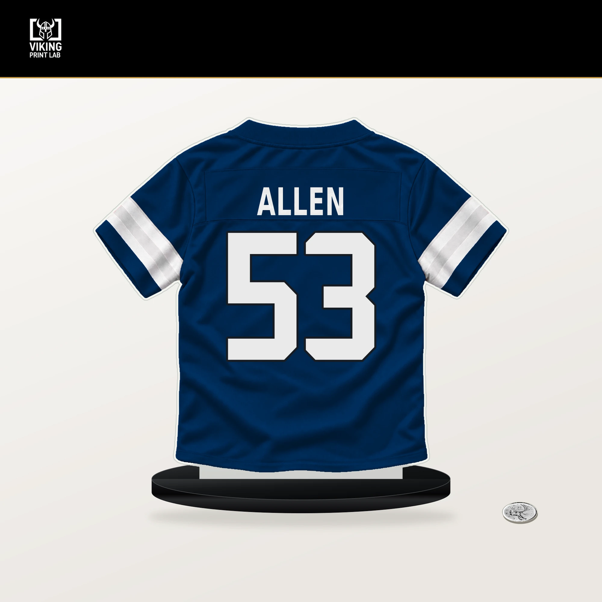 CJ Allen number 53 Indianapolis Colts jersey stand with included black base.