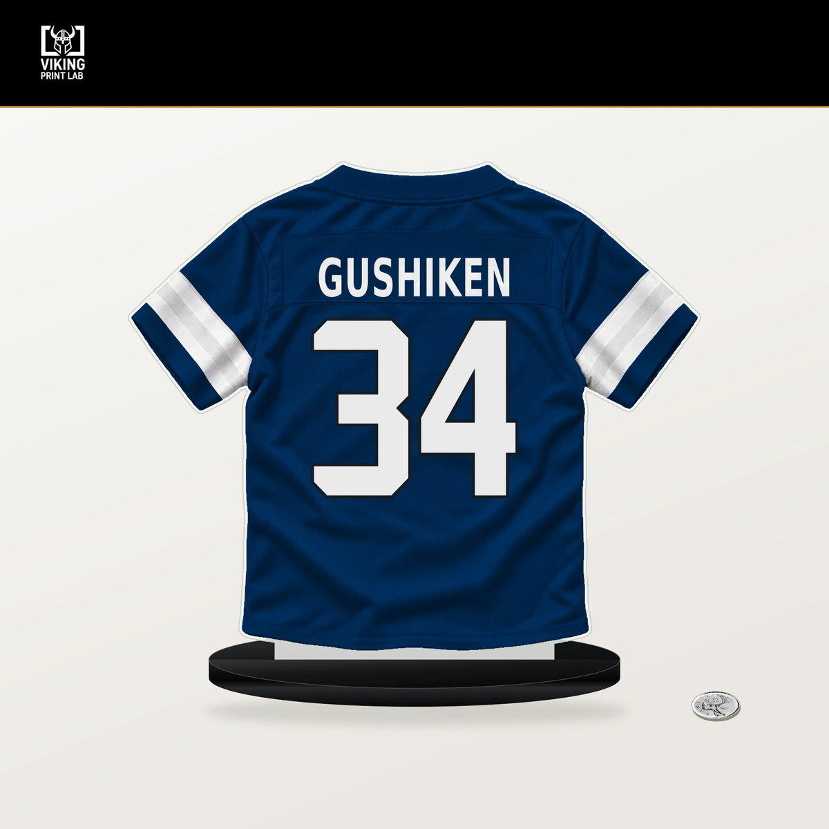 Kapena Gushiken number 34 Indianapolis Colts jersey stand with included black base.