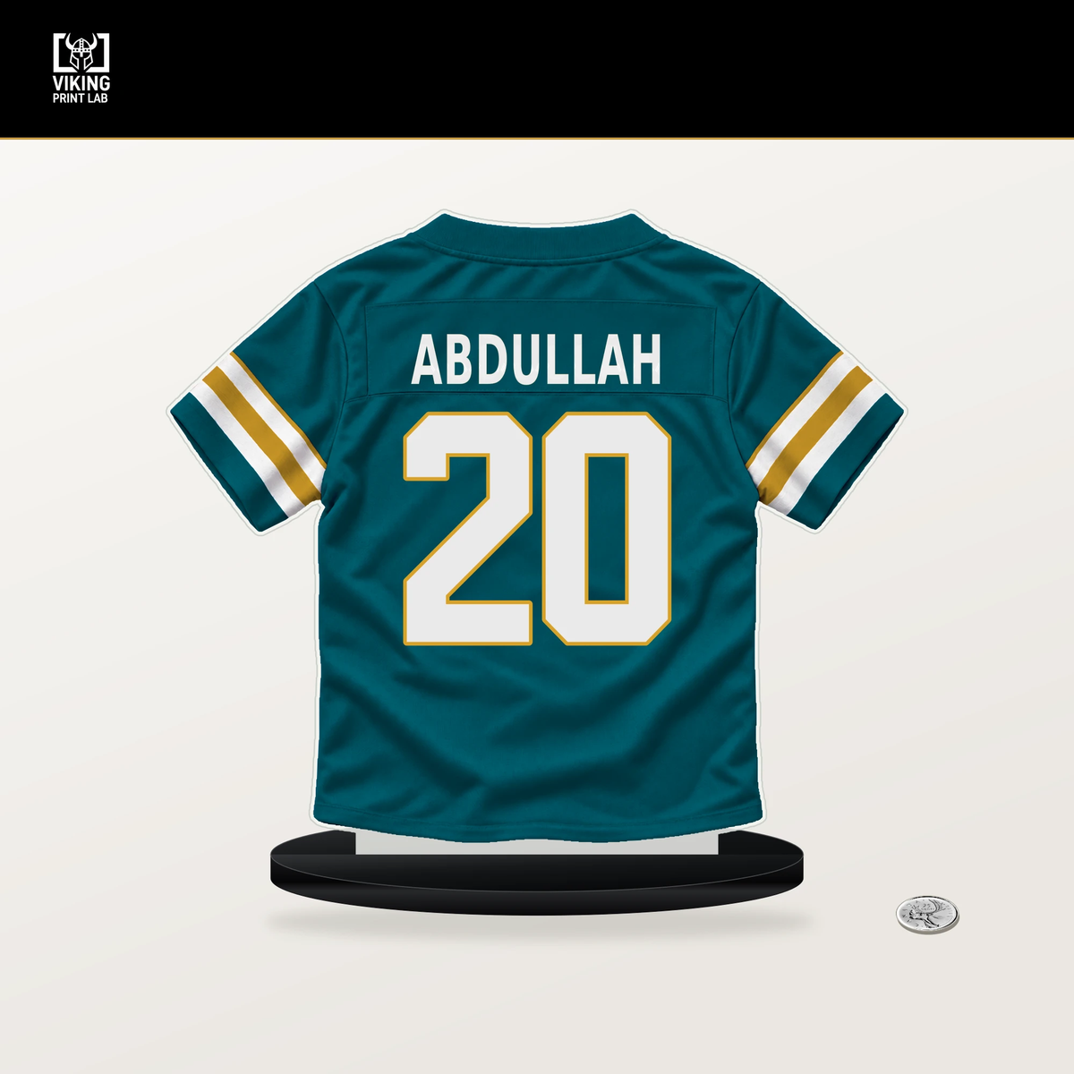 Ameer Abdullah number 20 Jacksonville Jaguars jersey stand with included black base.