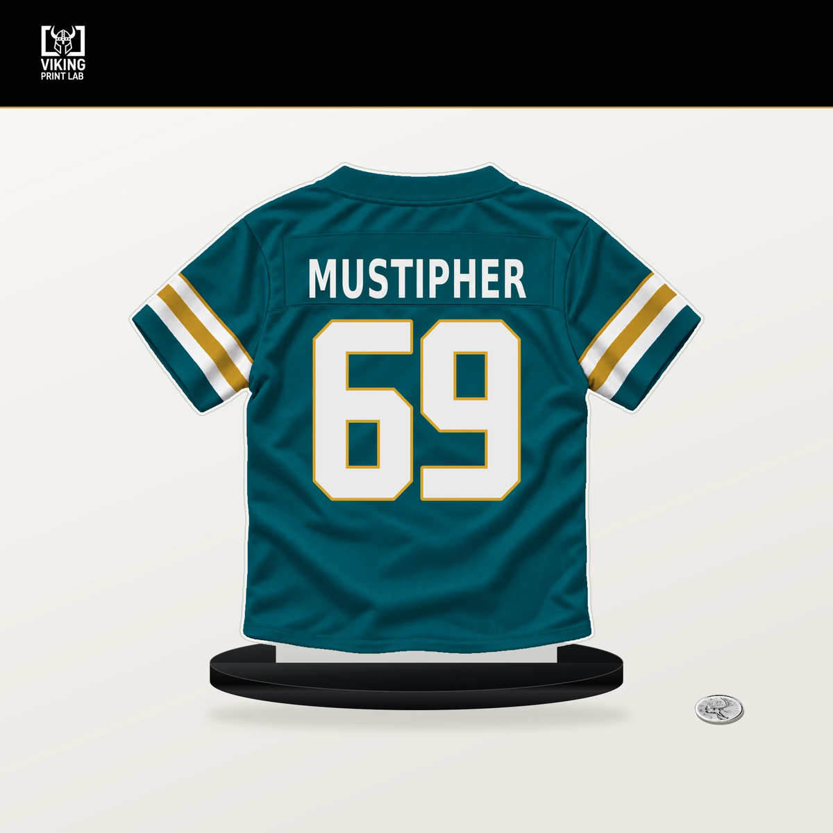 Sam Mustipher number 69 Jacksonville Jaguars jersey stand with included black base.