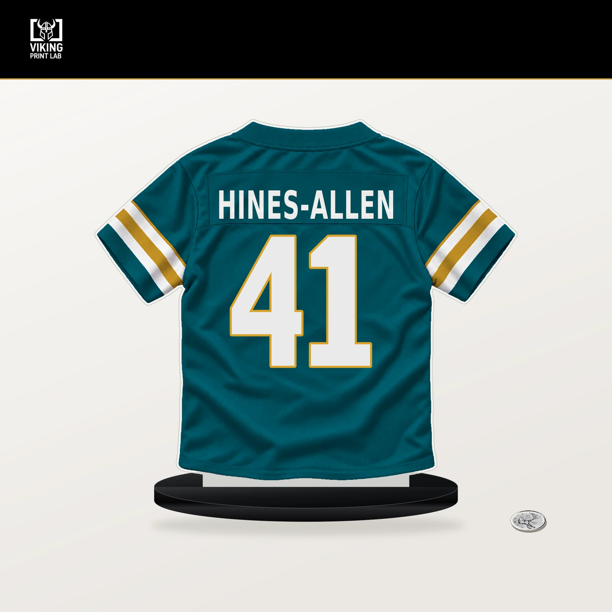 Josh Hines-Allen number 41 Jacksonville Jaguars jersey stand with included black base.