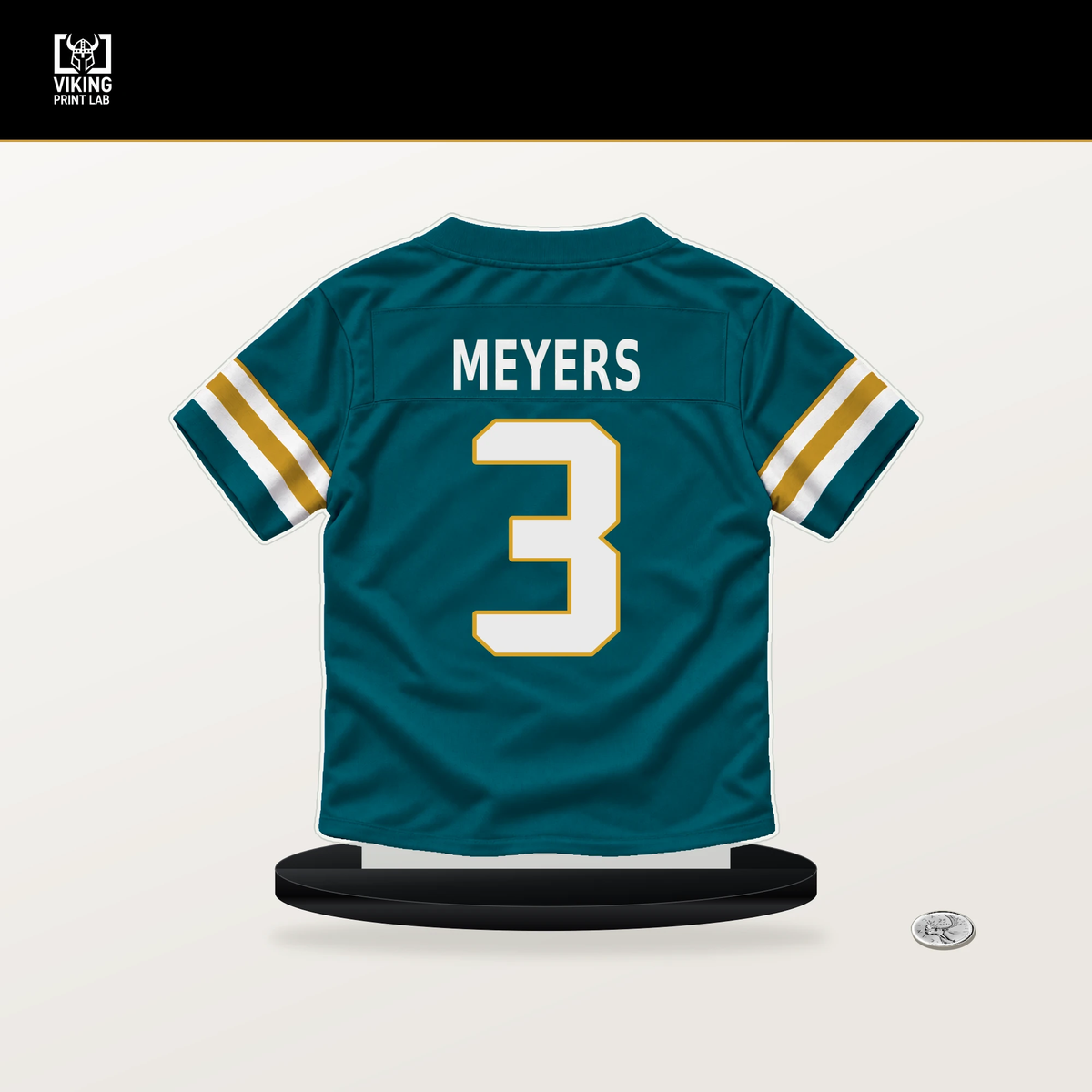 Jakobi Meyers number 3 Jacksonville Jaguars jersey stand with included black base.