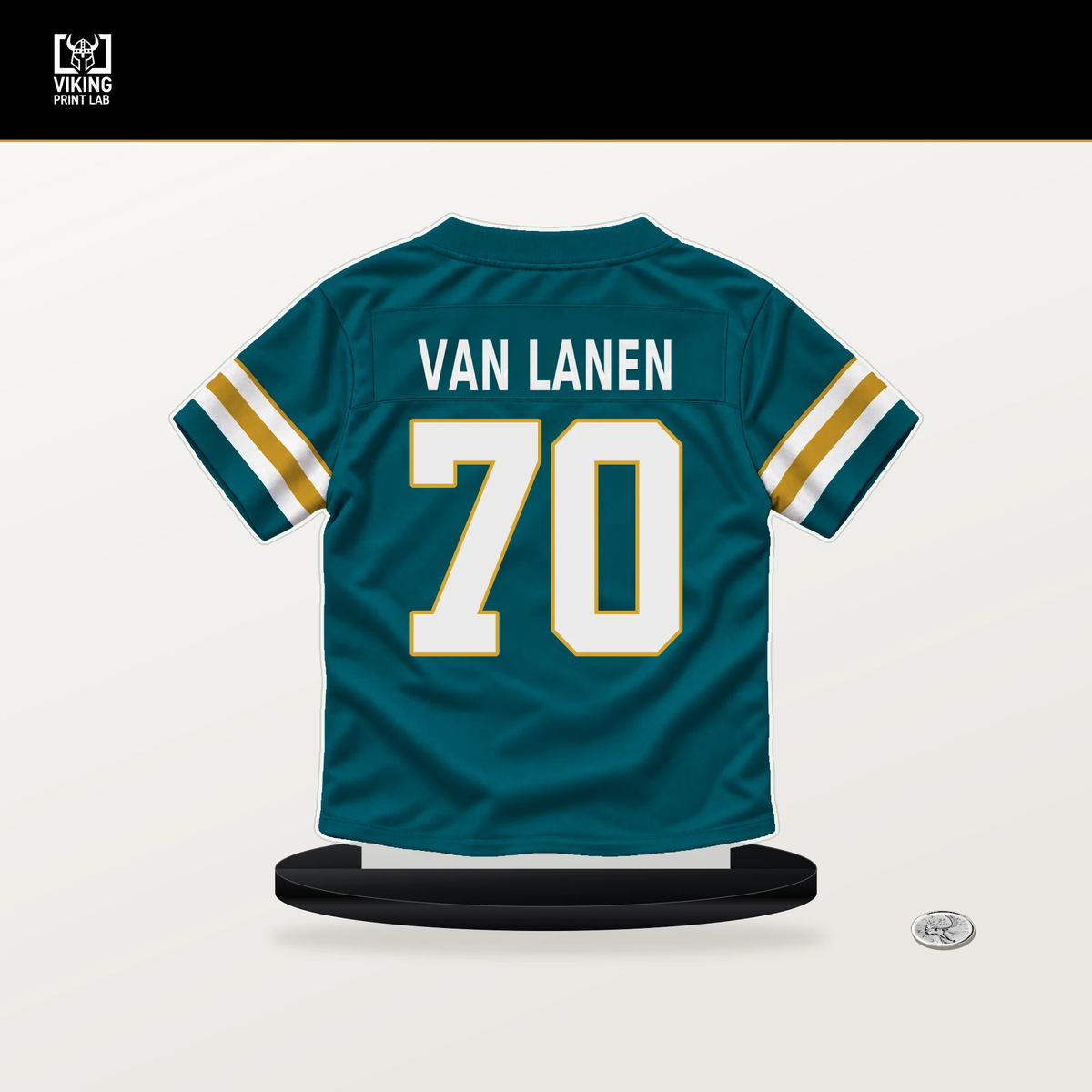 Cole Van Lanen number 70 Jacksonville Jaguars jersey stand with included black base.