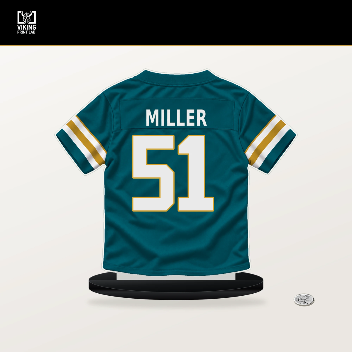 Ventrell Miller number 51 Jacksonville Jaguars jersey stand with included black base.