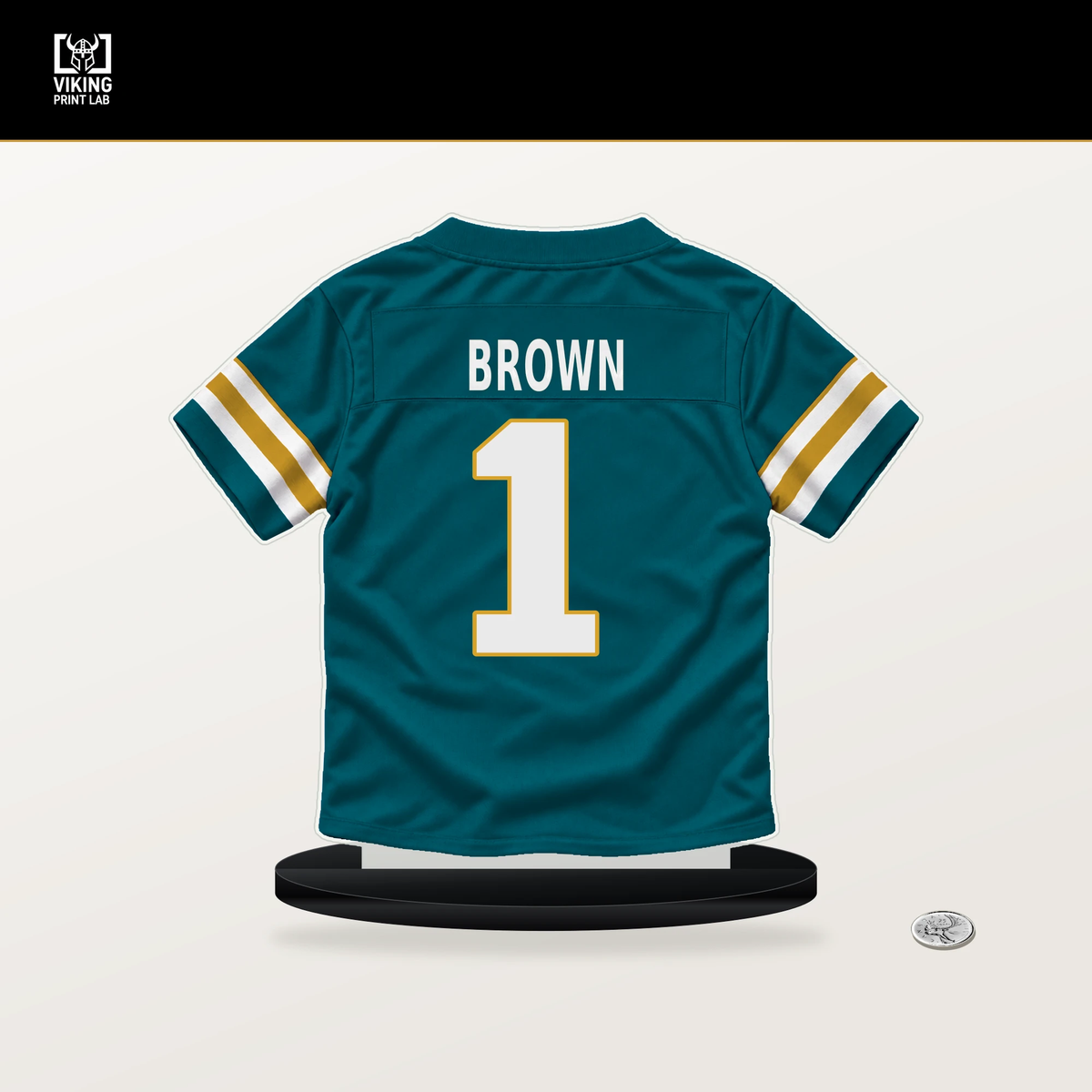 Montaric Brown number 1 Jacksonville Jaguars jersey stand with included black base.