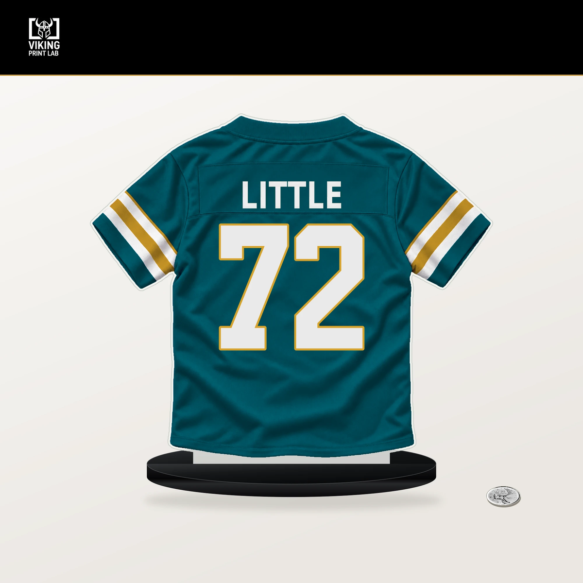 Walker Little number 72 Jacksonville Jaguars jersey stand with included black base.