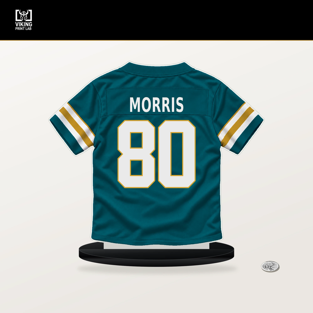 Quintin Morris number 80 Jacksonville Jaguars jersey stand with included black base.