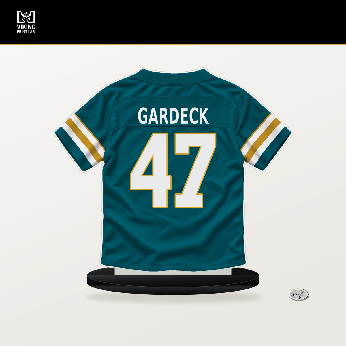 Dennis Gardeck number 47 Jacksonville Jaguars jersey stand with included black base.