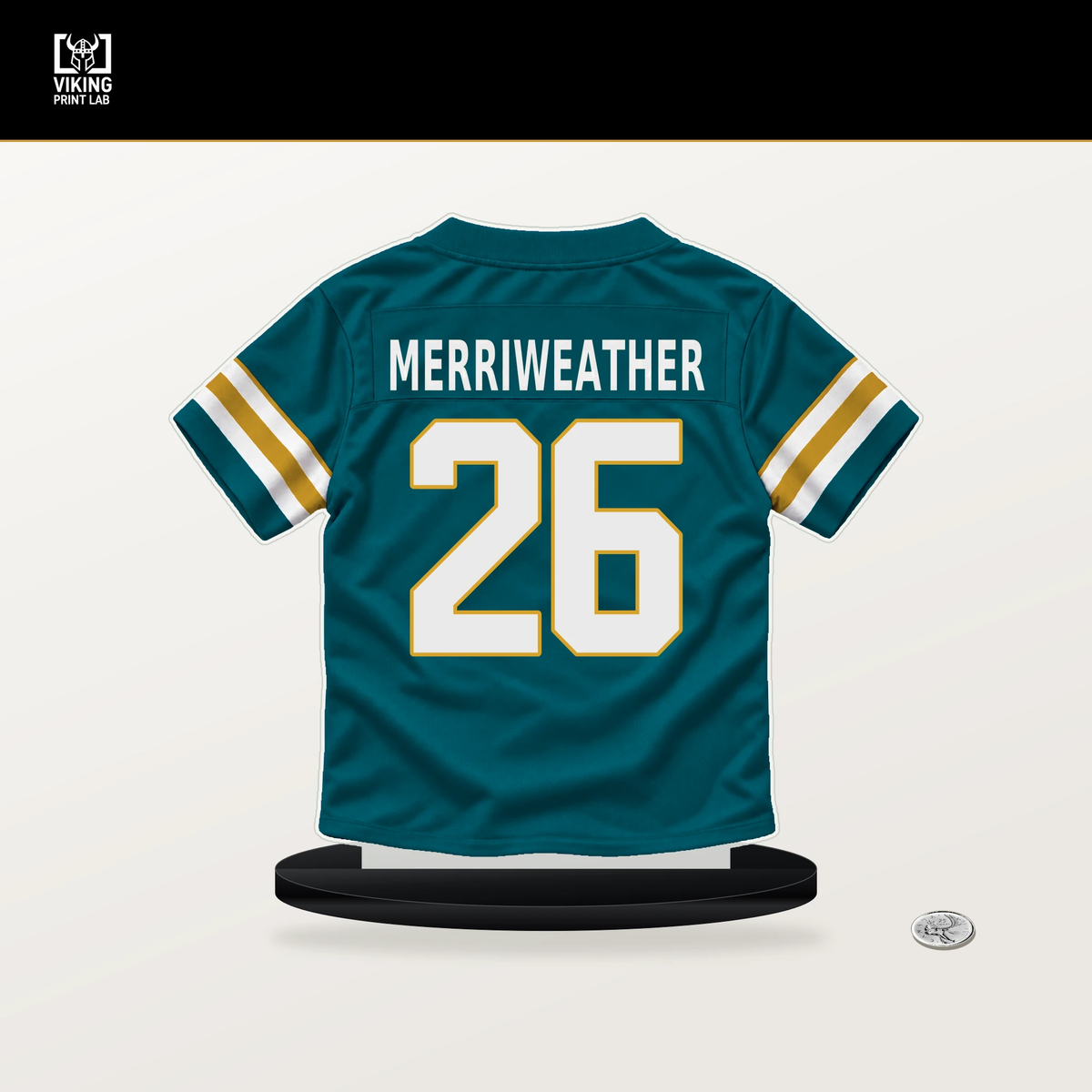 Kaevon Merriweather number 26 Jacksonville Jaguars jersey stand with included black base.