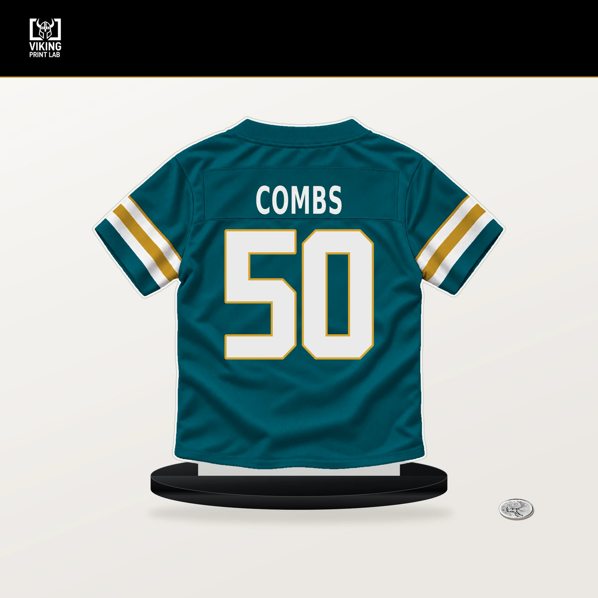 Branson Combs number 50 Jacksonville Jaguars jersey stand with included black base.
