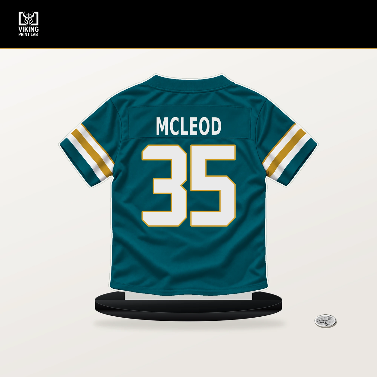 Jalen McLeod number 35 Jacksonville Jaguars jersey stand with included black base.