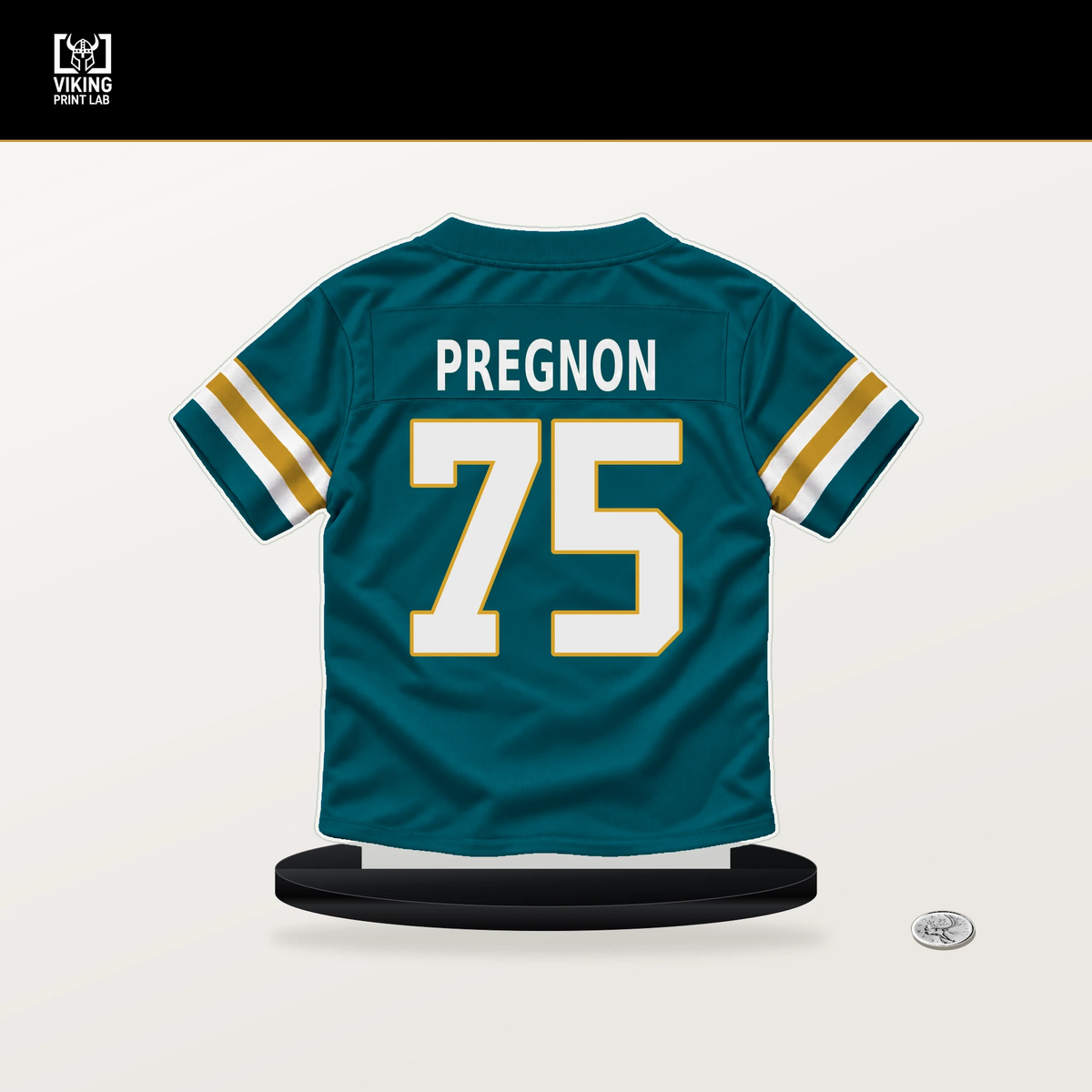 Emmanuel Pregnon number 75 Jacksonville Jaguars jersey stand with included black base.