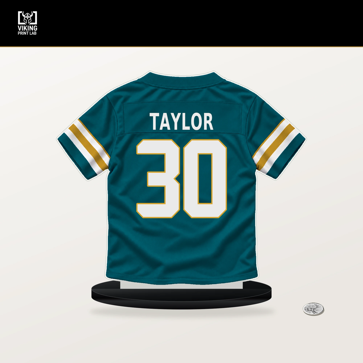 J'Mari Taylor number 30 Jacksonville Jaguars jersey stand with included black base.
