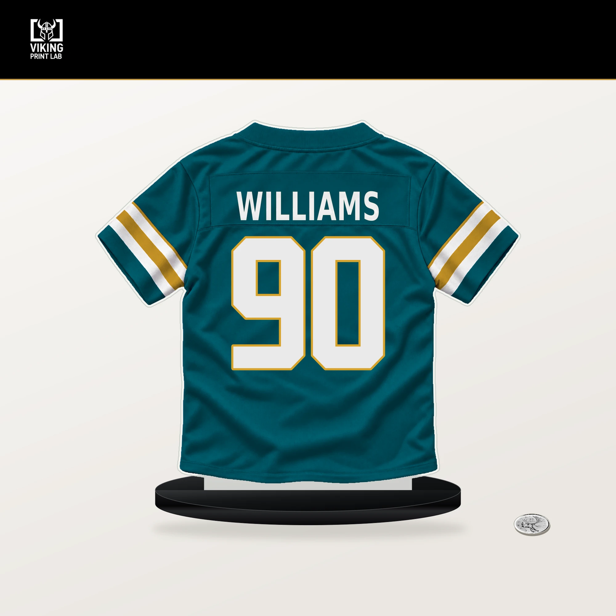 Wesley Williams number 90 Jacksonville Jaguars jersey stand with included black base.