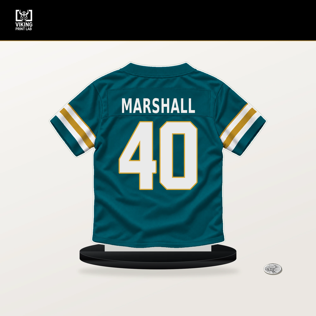 Devon Marshall number 40 Jacksonville Jaguars jersey stand with included black base.