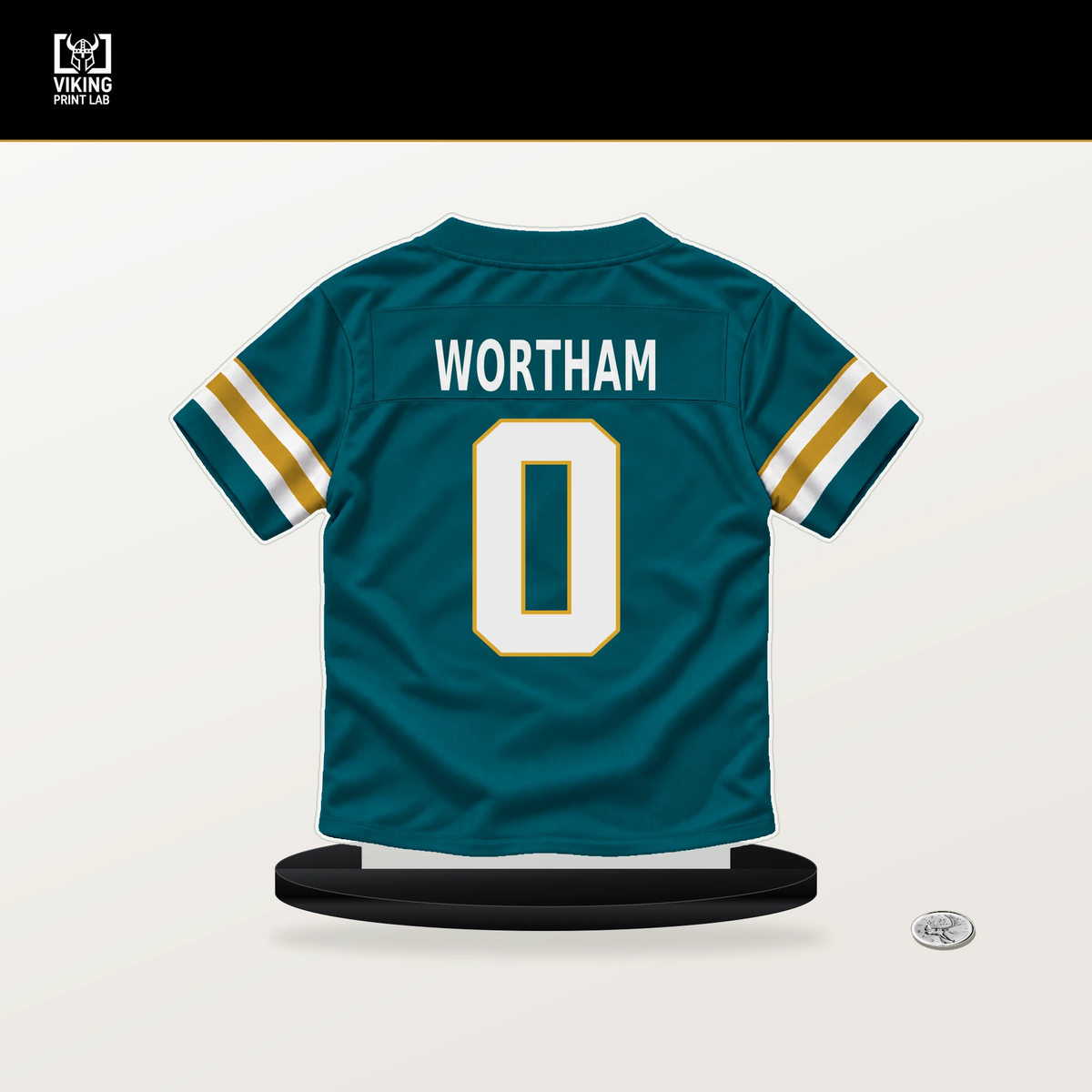 Michael Wortham number 0 Jacksonville Jaguars jersey stand with included black base.