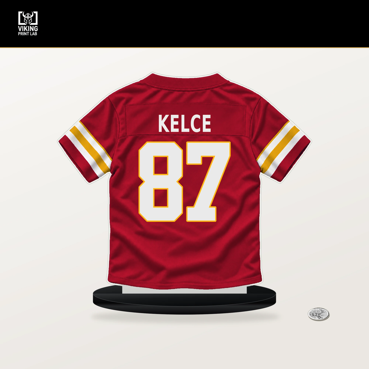Travis Kelce number 87 Kansas City Chiefs jersey stand with included black base.