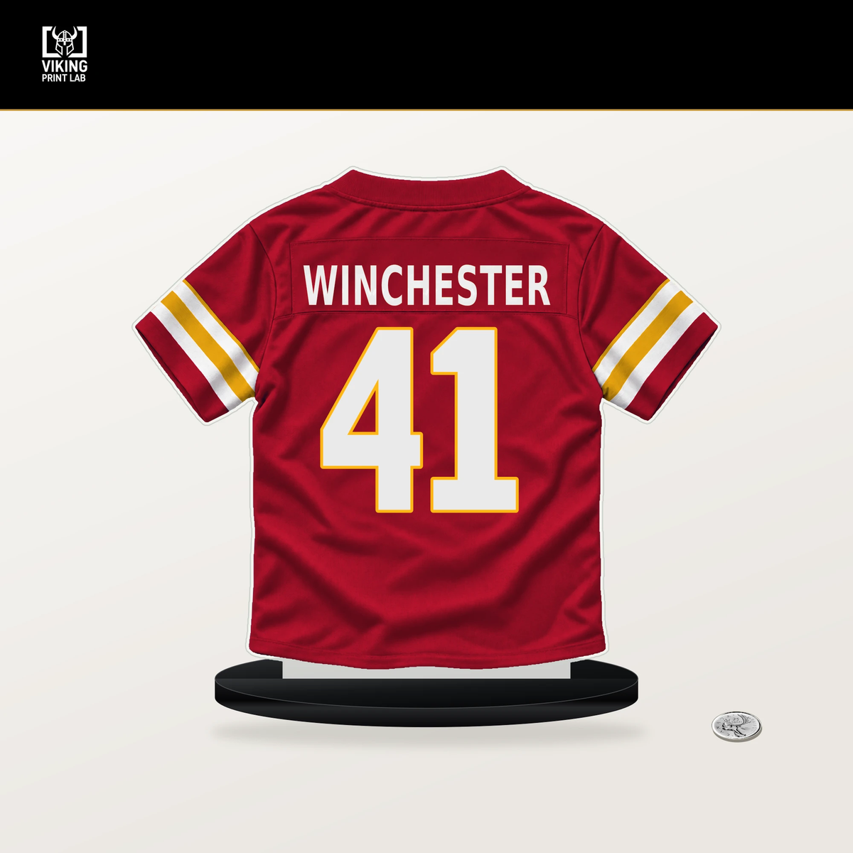 James Winchester number 41 Kansas City Chiefs jersey stand with included black base.