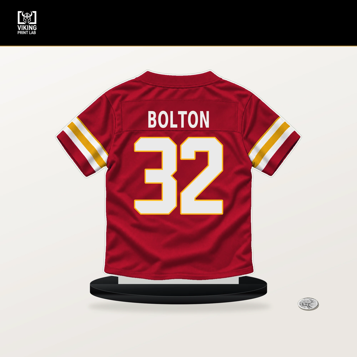 Nick Bolton number 32 Kansas City Chiefs jersey stand with included black base.