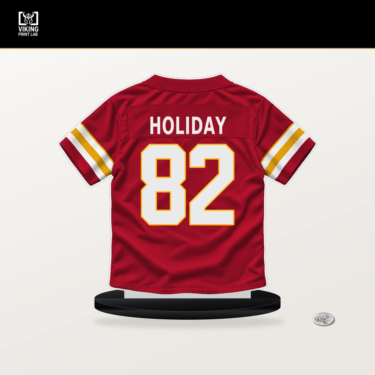 Jimmy Holiday number 82 Kansas City Chiefs jersey stand with included black base.