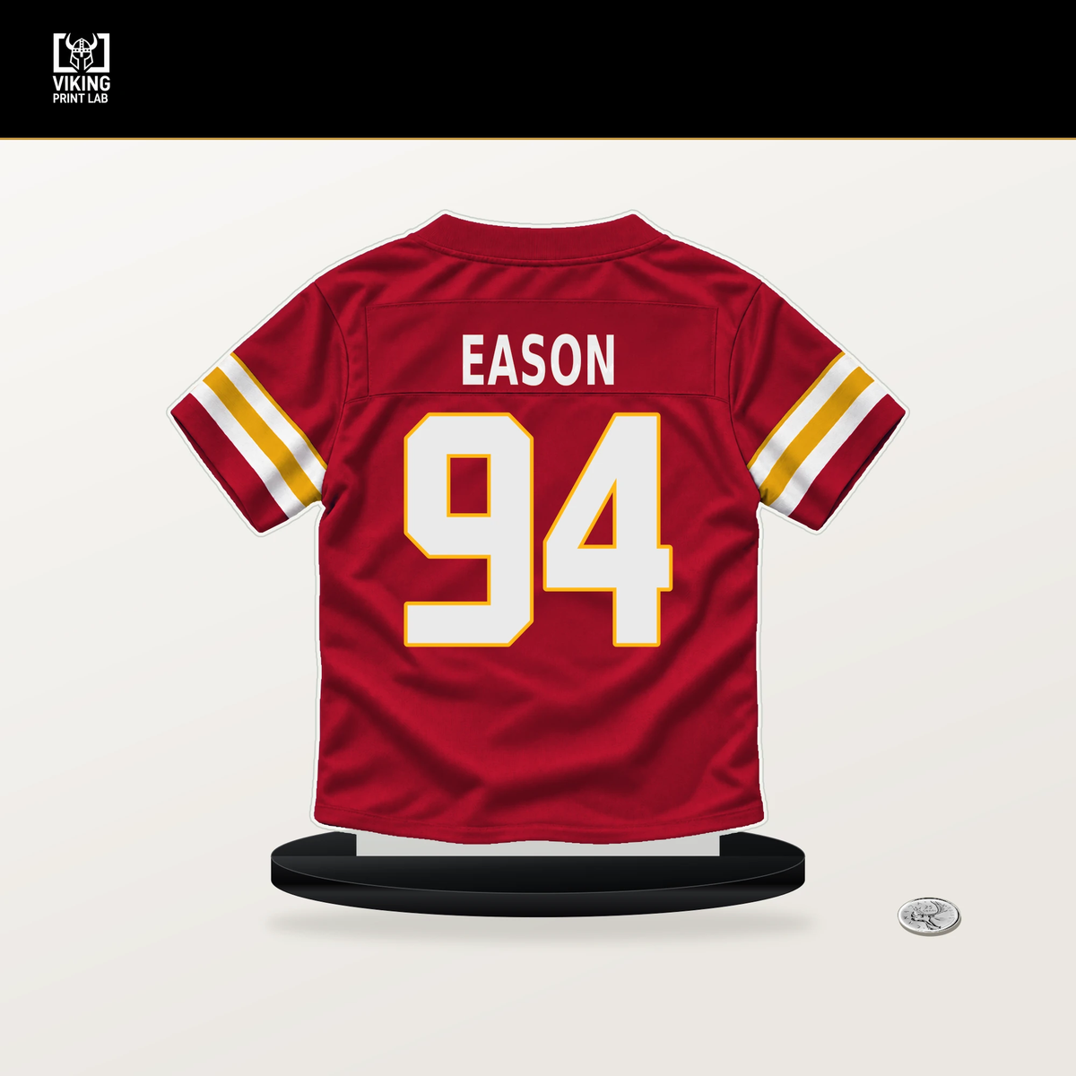 Bryson Eason number 94 Kansas City Chiefs jersey stand with included black base.