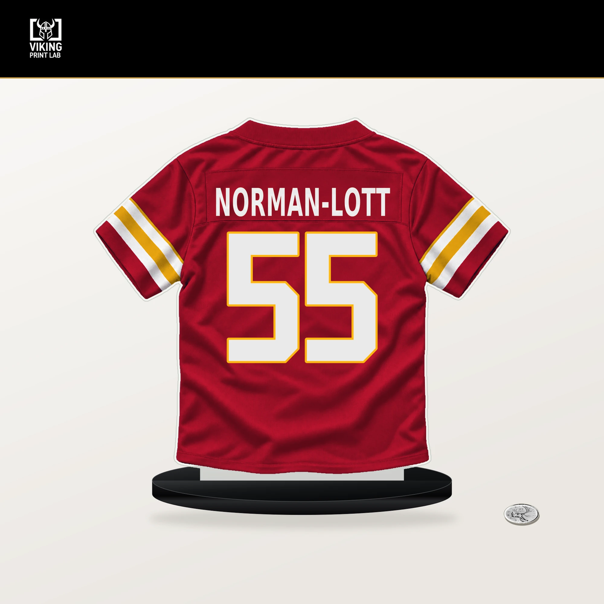 Omarr Norman-Lott number 55 Kansas City Chiefs jersey stand with included black base.