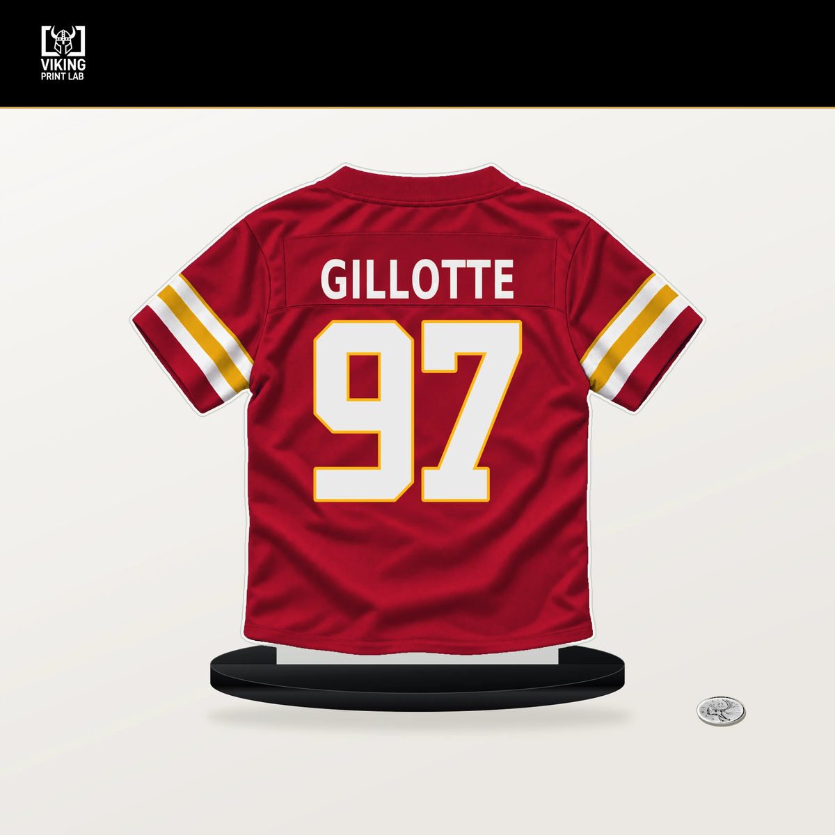 Ashton Gillotte number 97 Kansas City Chiefs jersey stand with included black base.