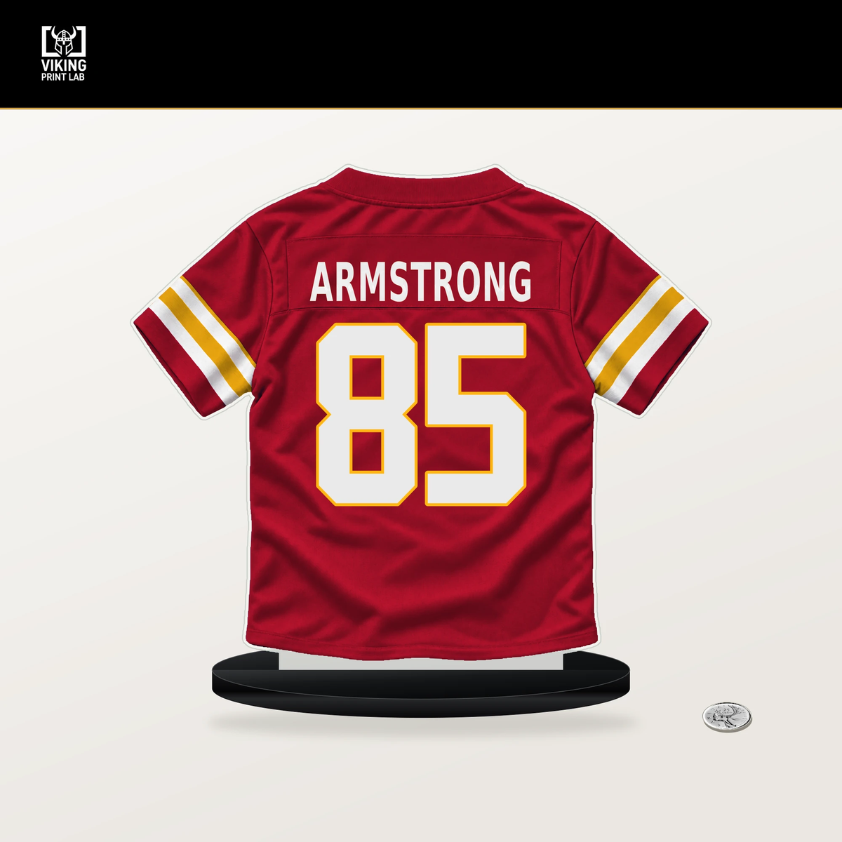 Andrew Armstrong number 85 Kansas City Chiefs jersey stand with included black base.