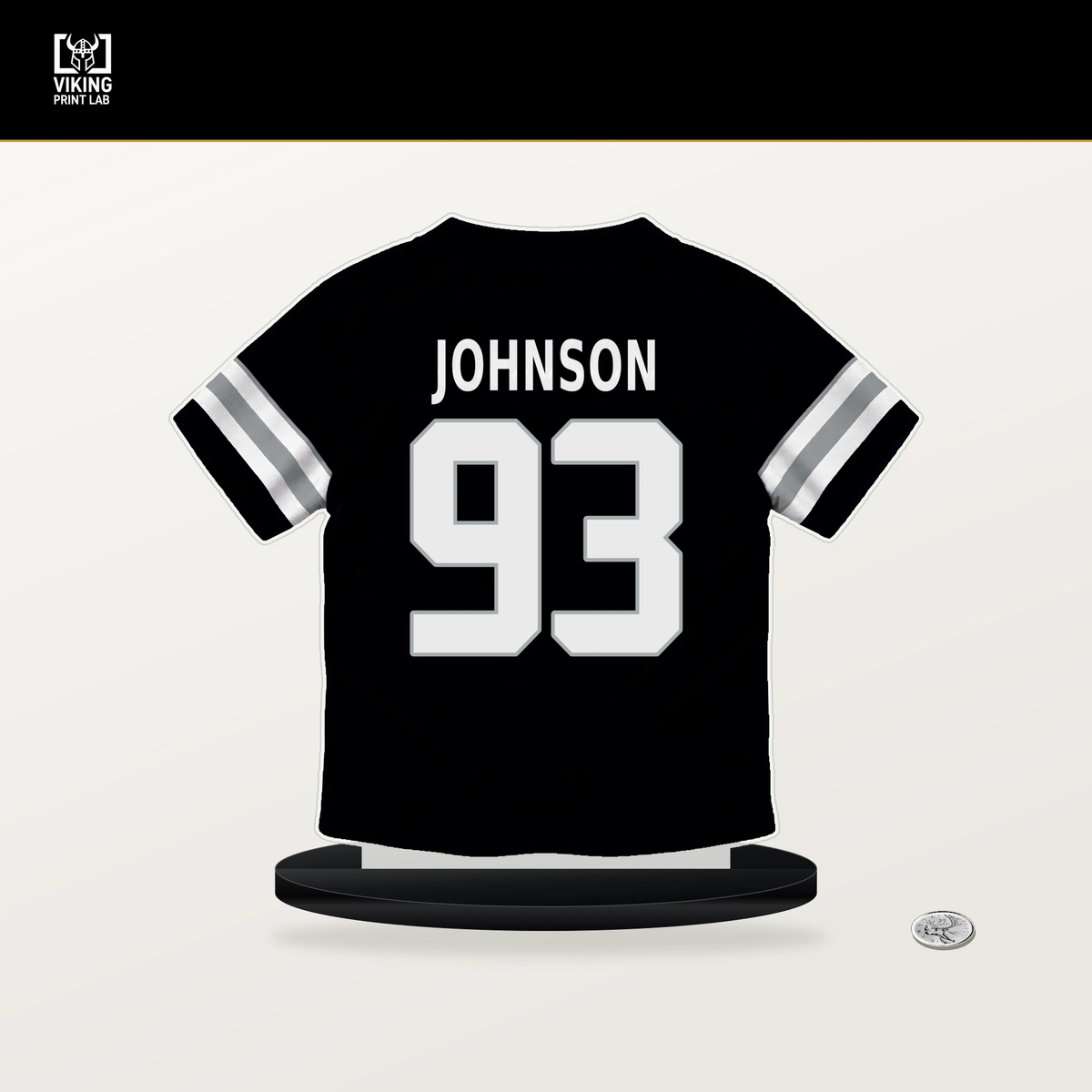 Patrick Johnson number 93 Las Vegas Raiders jersey stand with included black base.
