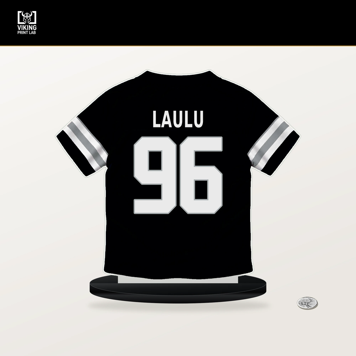 Jonah Laulu number 96 Las Vegas Raiders jersey stand with included black base.