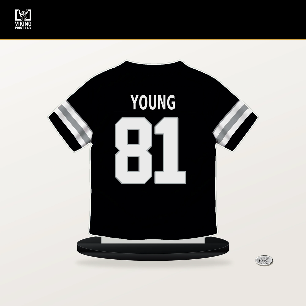 Dareke Young number 81 Las Vegas Raiders jersey stand with included black base.