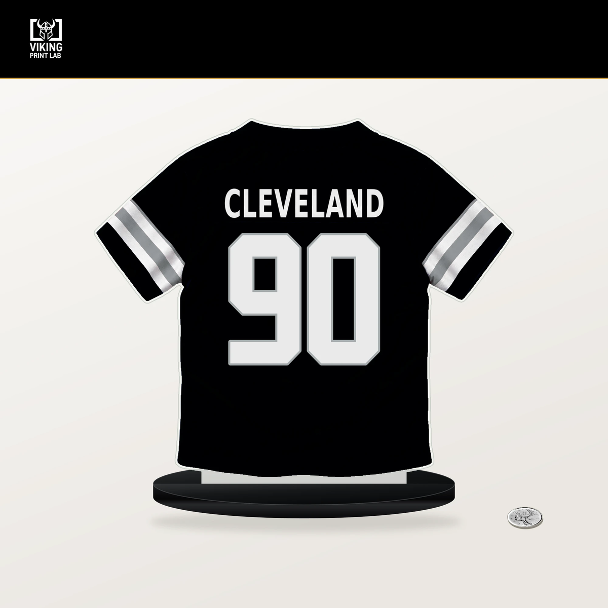 Brandon Cleveland number 90 Las Vegas Raiders jersey stand with included black base.