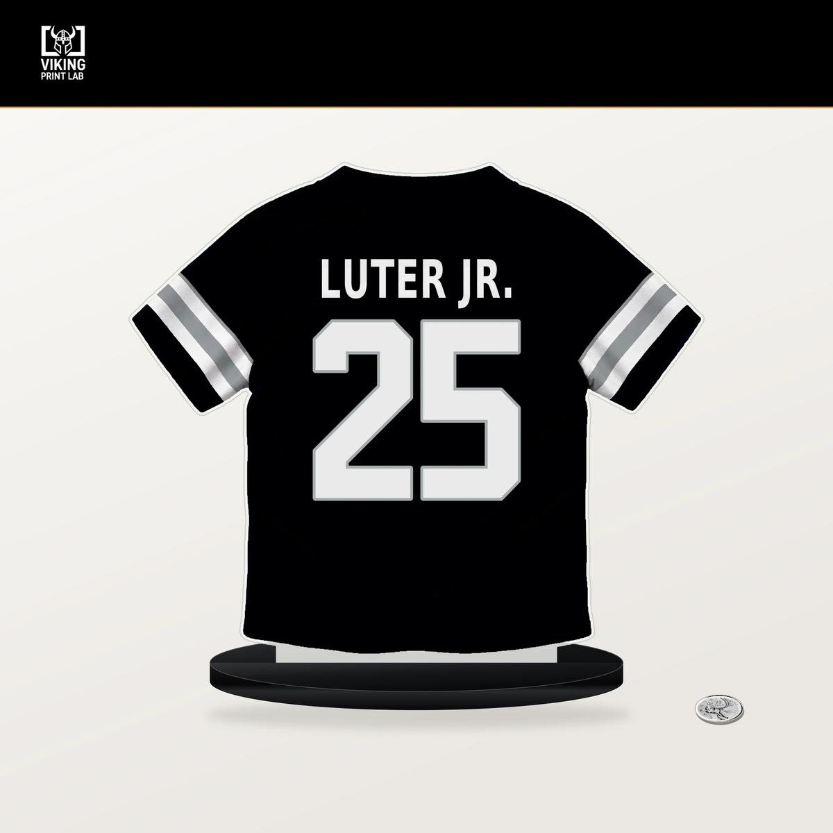 Darrell Luter Jr. number 25 Las Vegas Raiders jersey stand with included black base.