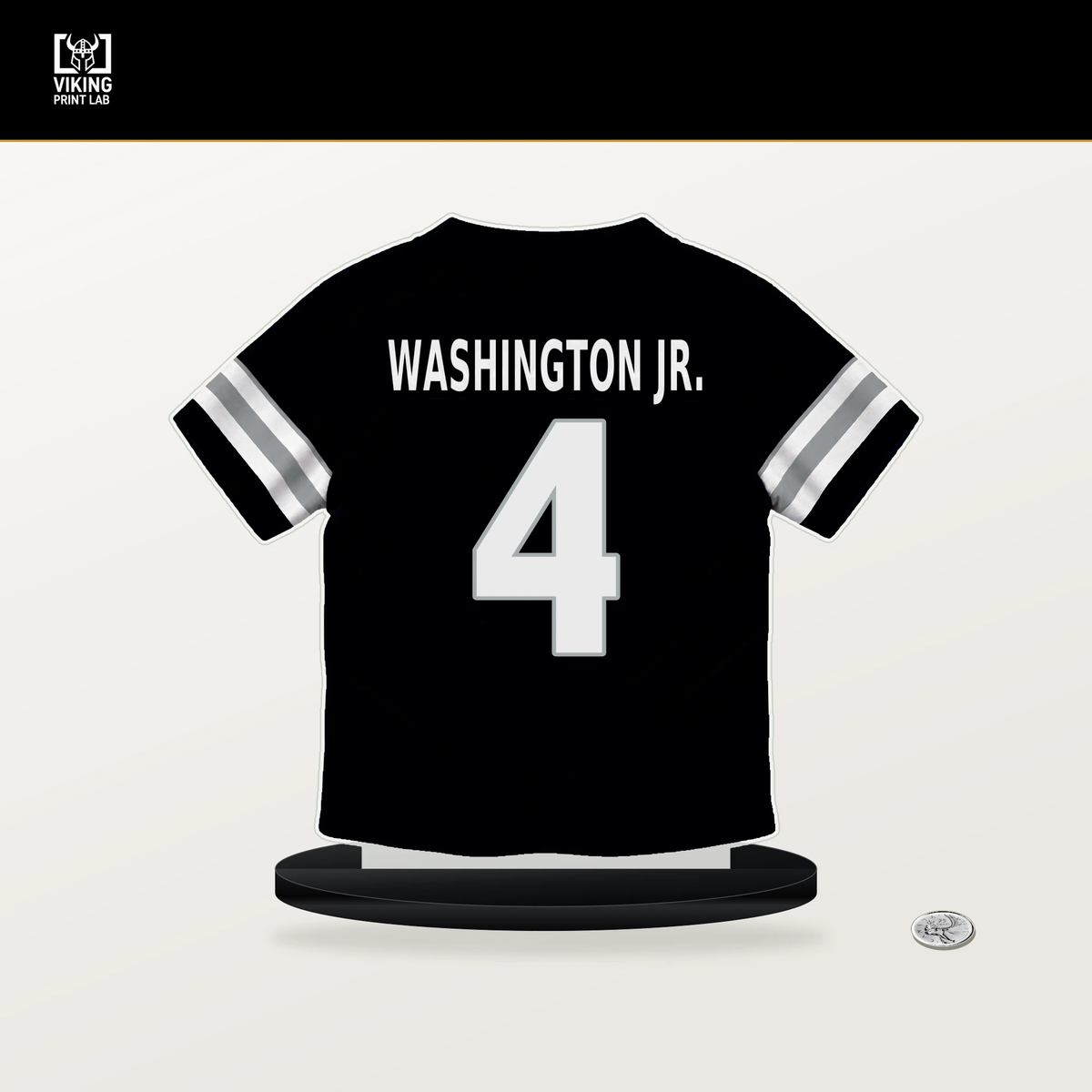 Mike Washington Jr. number 4 Las Vegas Raiders jersey stand with included black base.
