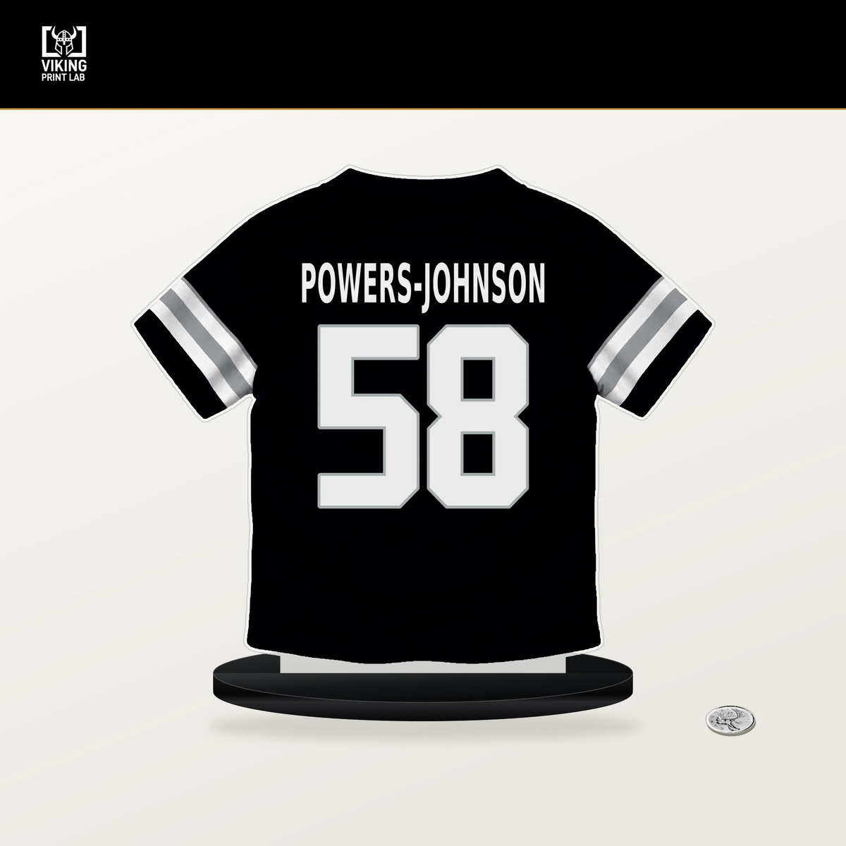Jackson Powers-Johnson number 58 Las Vegas Raiders jersey stand with included black base.