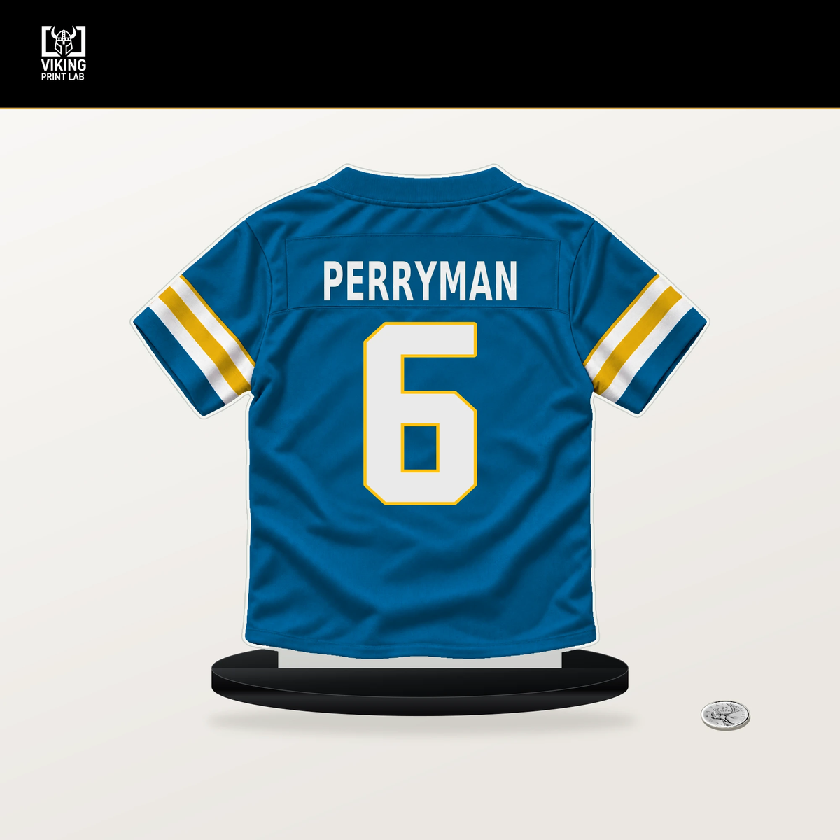 Denzel Perryman number 6 Los Angeles Chargers jersey stand with included black base.
