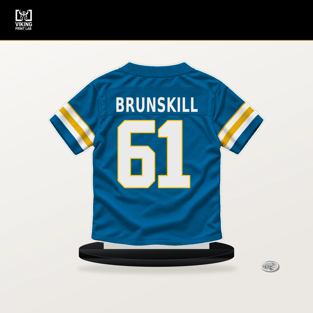 Daniel Brunskill number 61 Los Angeles Chargers jersey stand with included black base.
