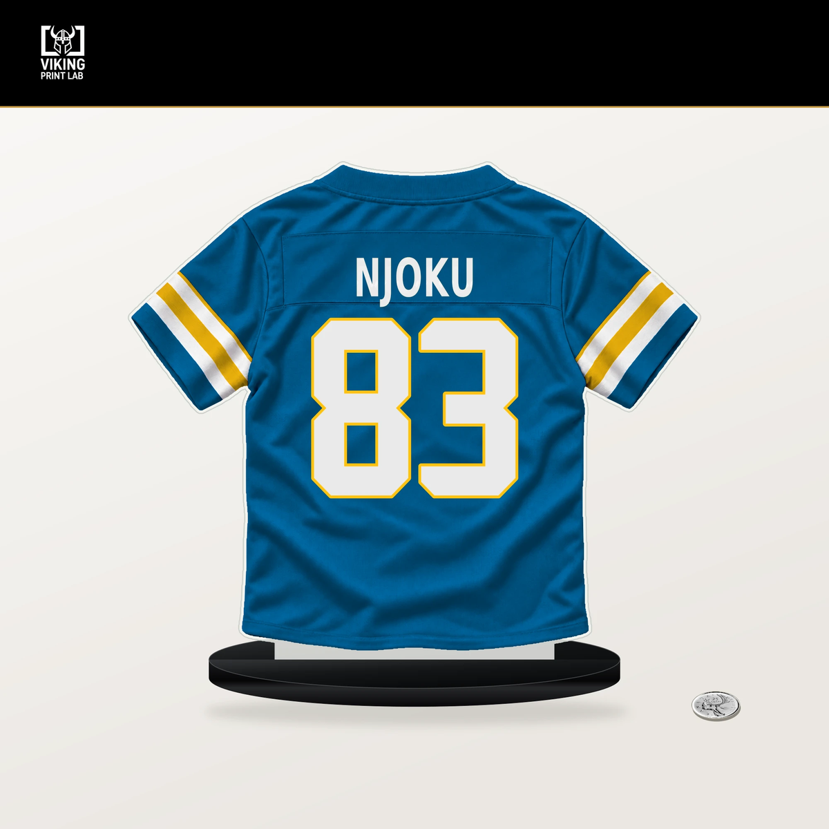 David Njoku number 83 Los Angeles Chargers jersey stand with included black base.