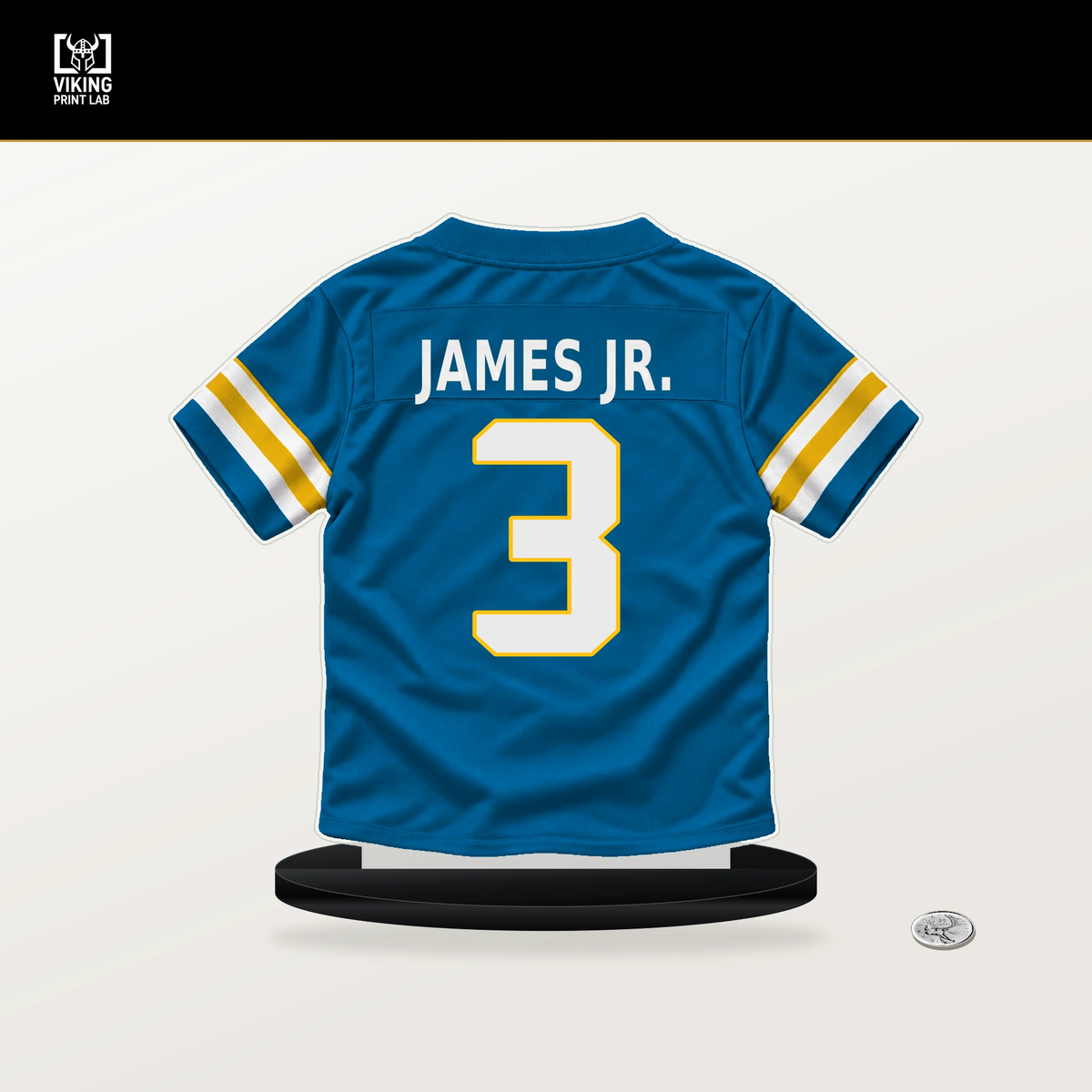 Derwin James Jr. number 3 Los Angeles Chargers jersey stand with included black base.