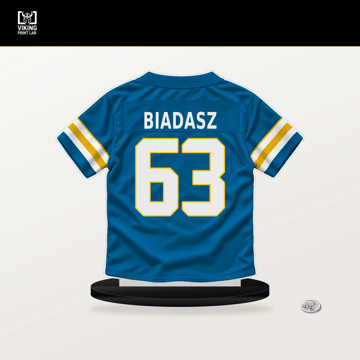 Tyler Biadasz number 63 Los Angeles Chargers jersey stand with included black base.