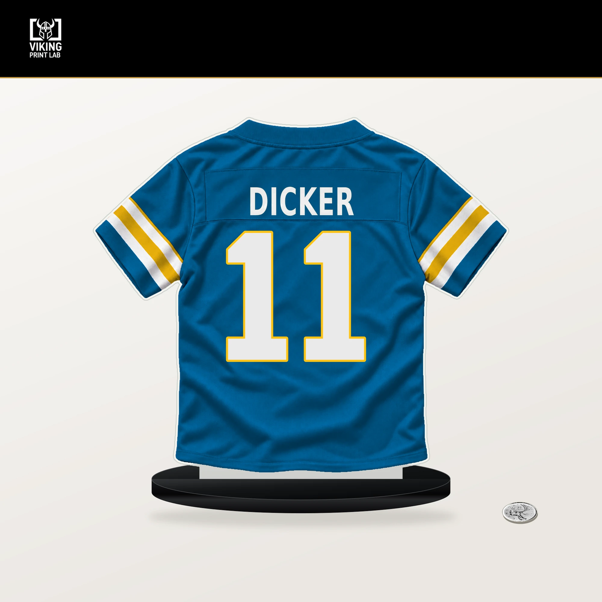 Cameron Dicker number 11 Los Angeles Chargers jersey stand with included black base.