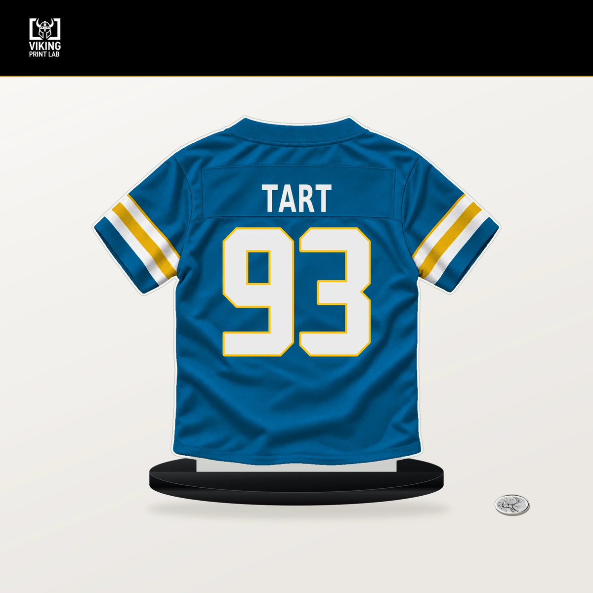 Teair Tart number 93 Los Angeles Chargers jersey stand with included black base.
