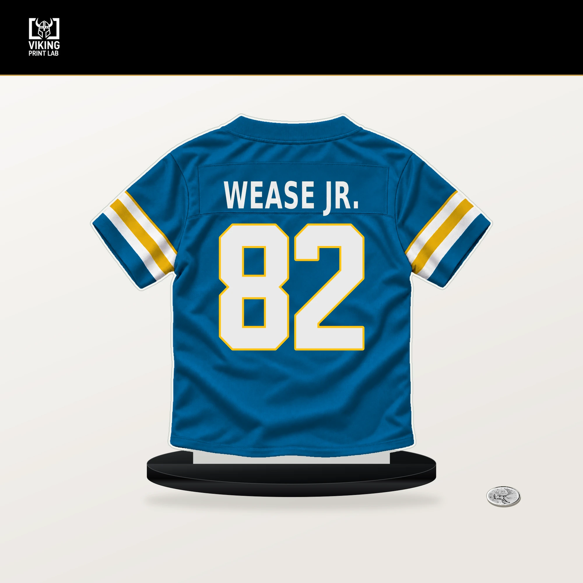 Theo Wease Jr. number 82 Los Angeles Chargers jersey stand with included black base.