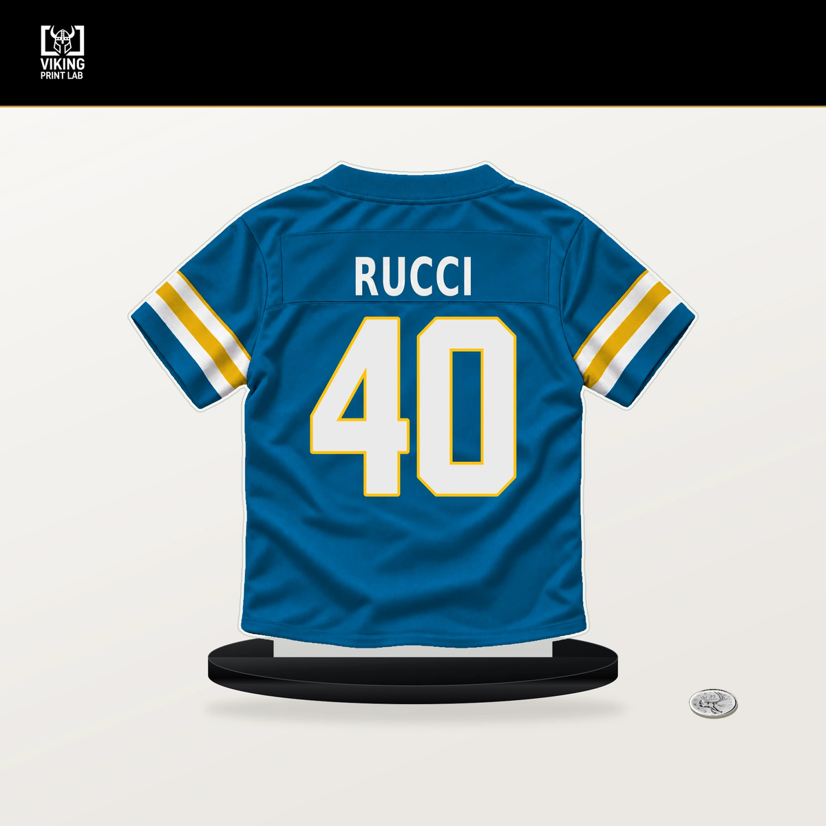 Hayden Rucci number 40 Los Angeles Chargers jersey stand with included black base.