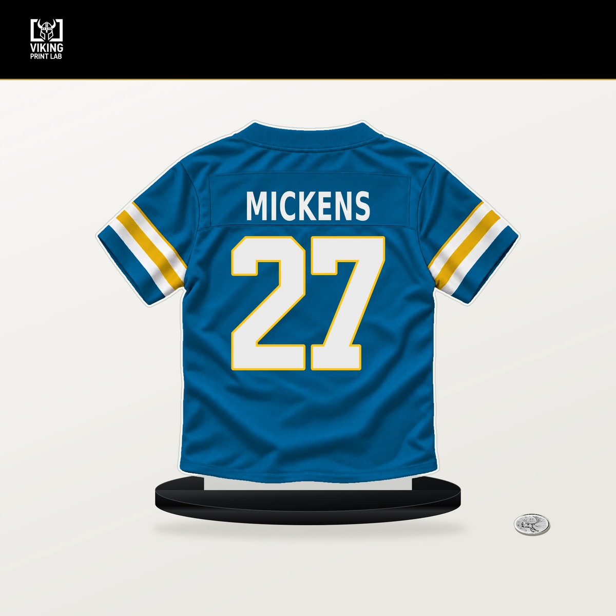 RJ Mickens number 27 Los Angeles Chargers jersey stand with included black base.