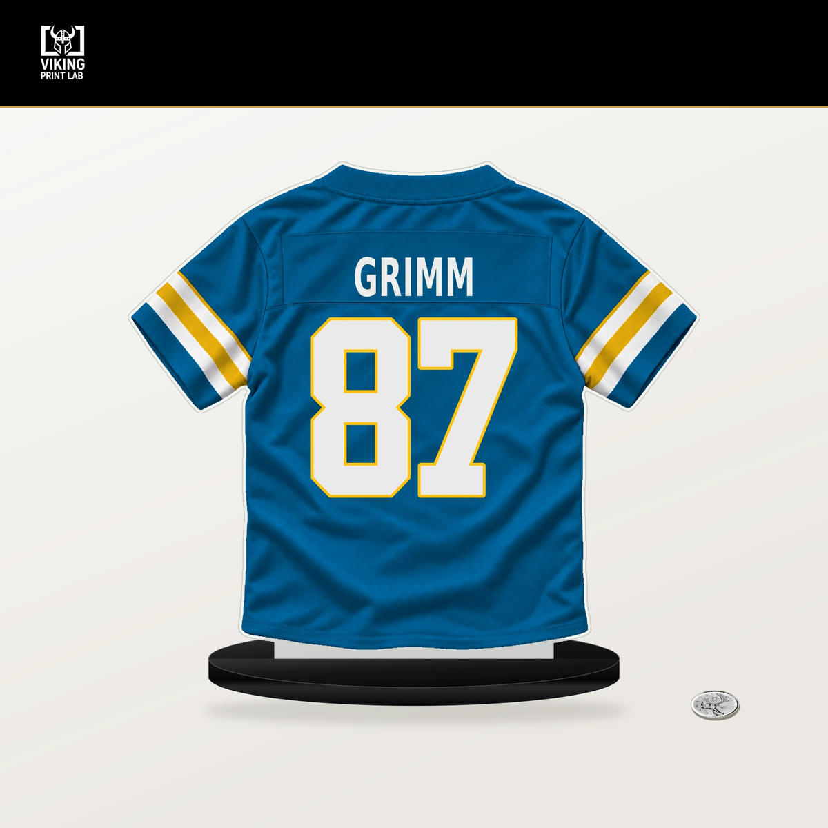 Luke Grimm number 87 Los Angeles Chargers jersey stand with included black base.