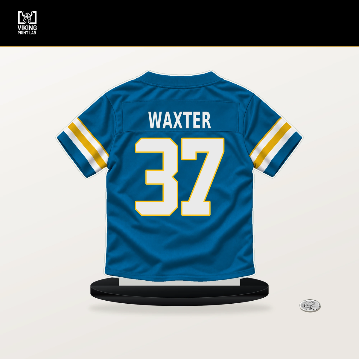 Isas Waxter number 37 Los Angeles Chargers jersey stand with included black base.