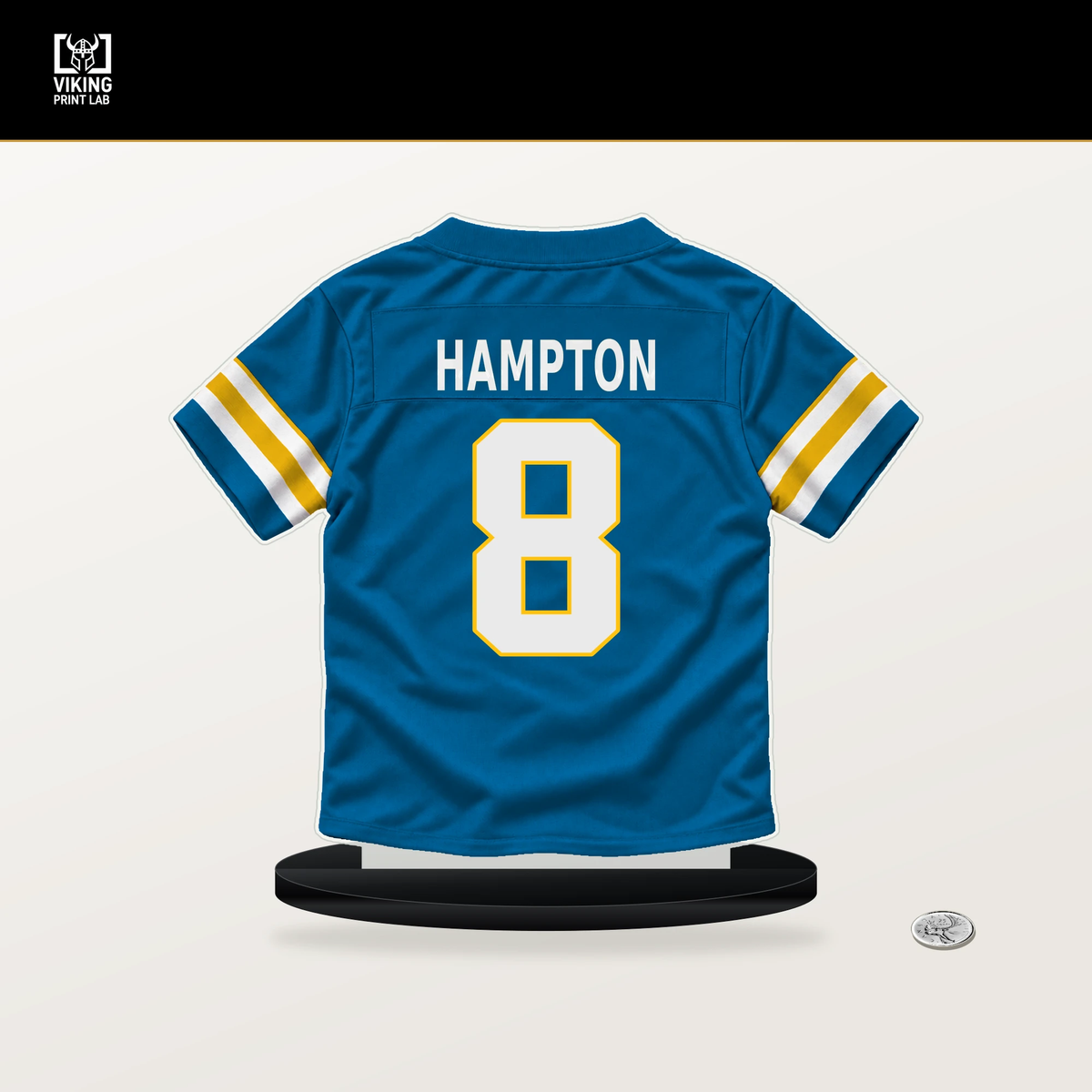 Omarion Hampton number 8 Los Angeles Chargers jersey stand with included black base.