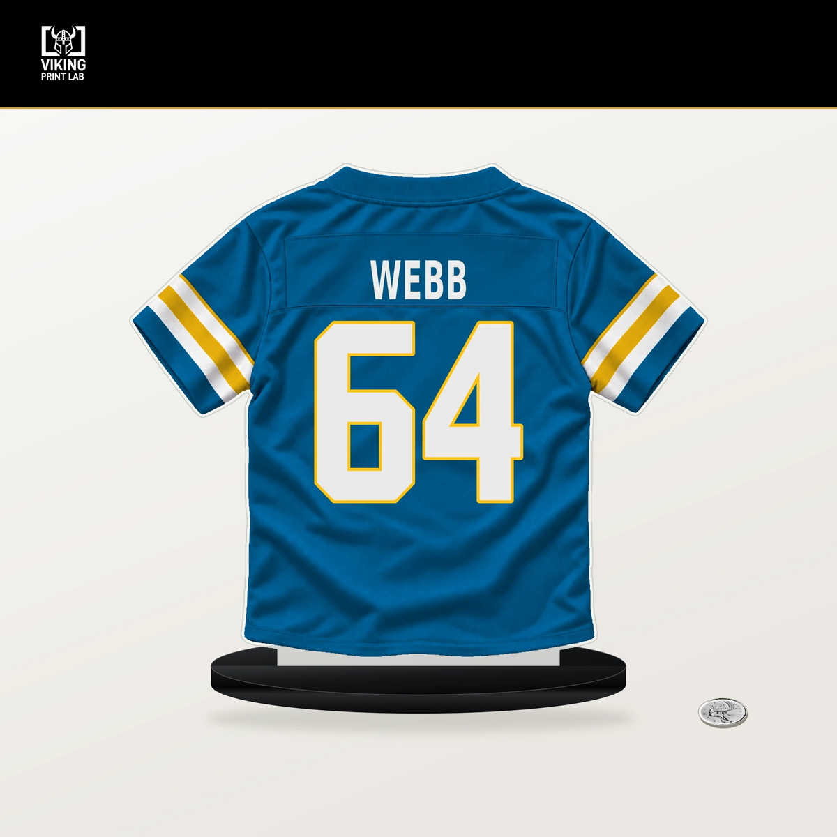 Terry Webb number 64 Los Angeles Chargers jersey stand with included black base.