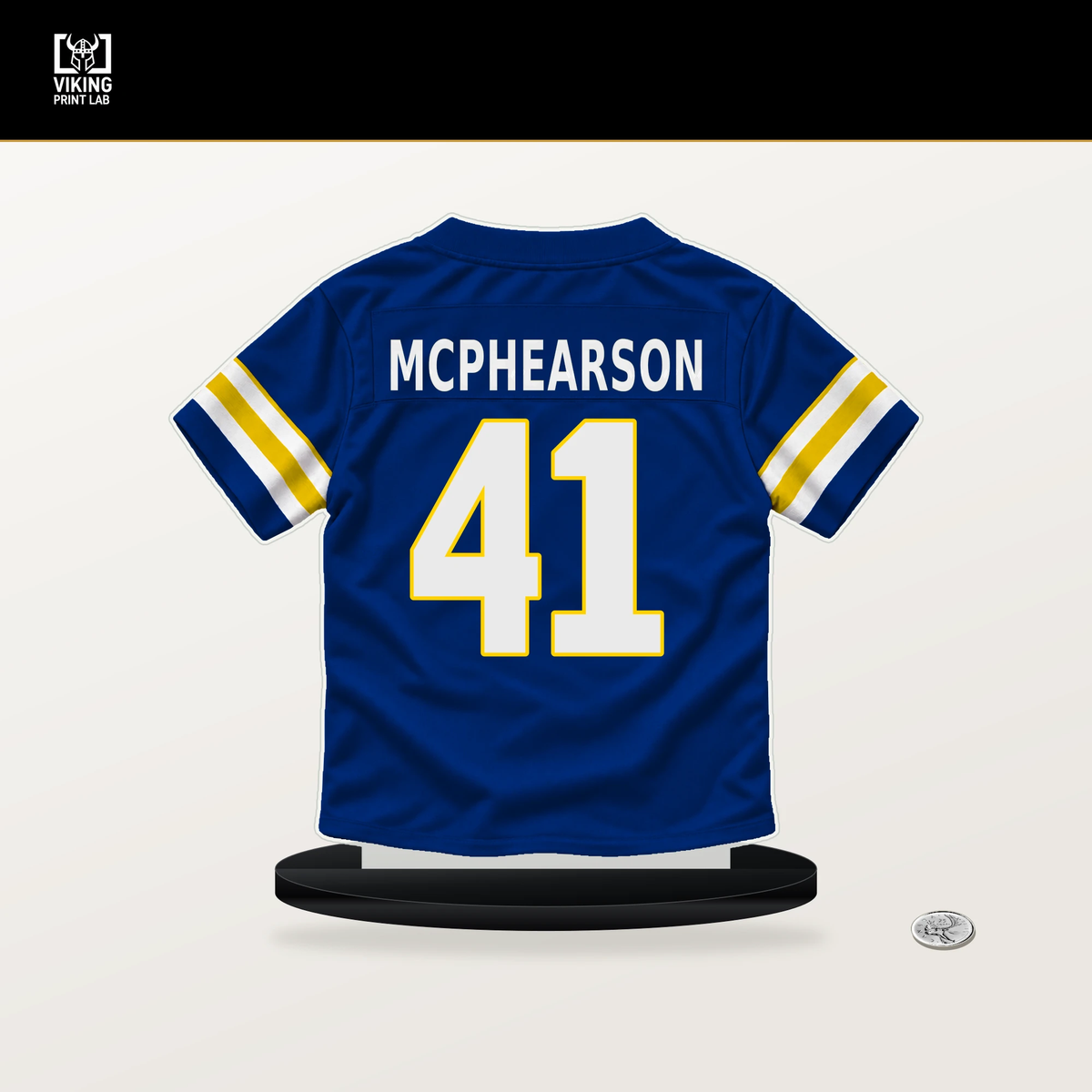 Zech McPhearson number 41 Los Angeles Rams jersey stand with included black base.